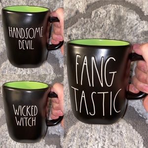 Set Of (3) Rae Dunn Halloween Mugs (Handsome Devil, Wicked Witch & Fang Tastic)